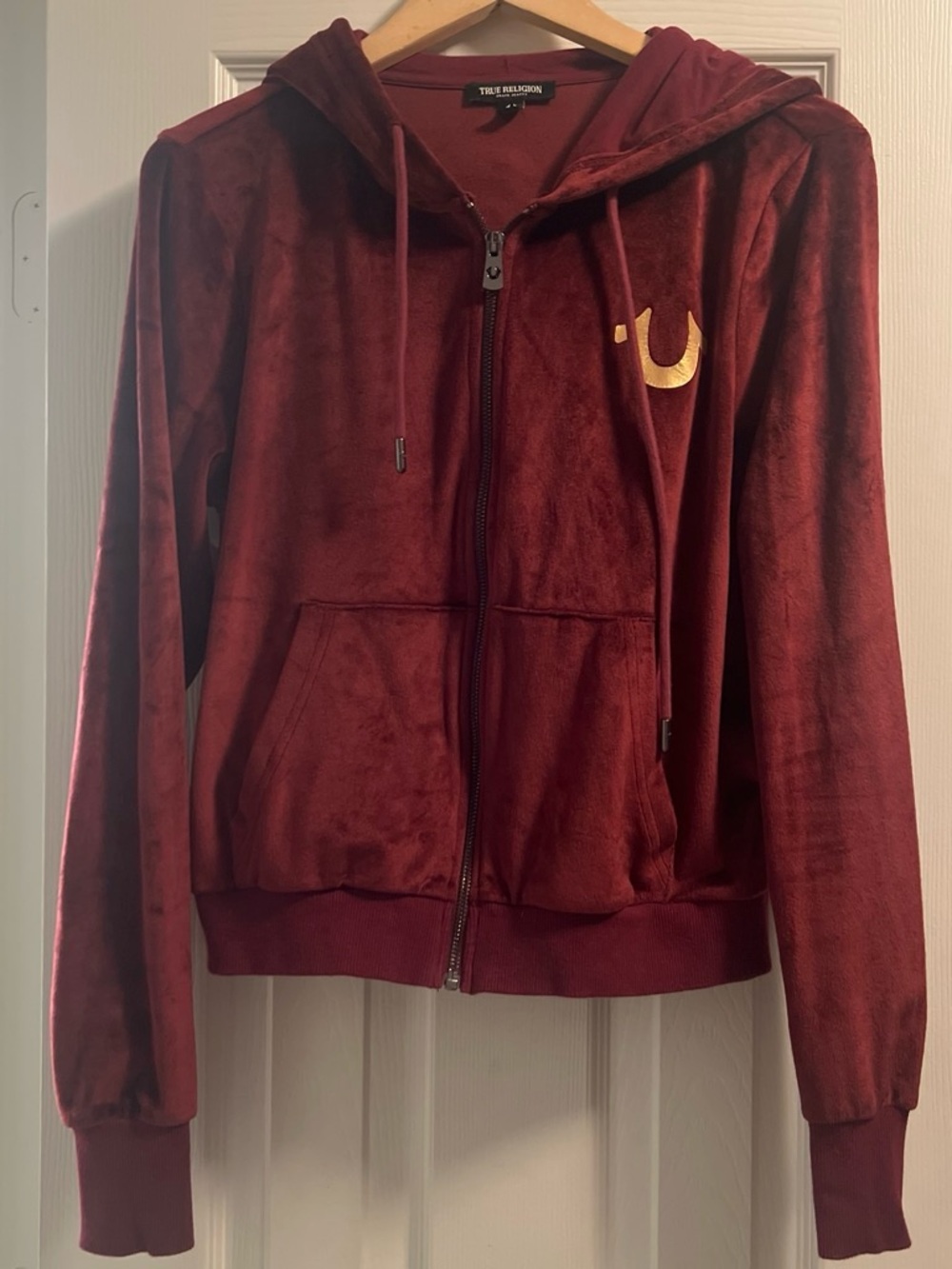 True Religion Women's Maroon Velvet Zip Hoodie with Gold Logo